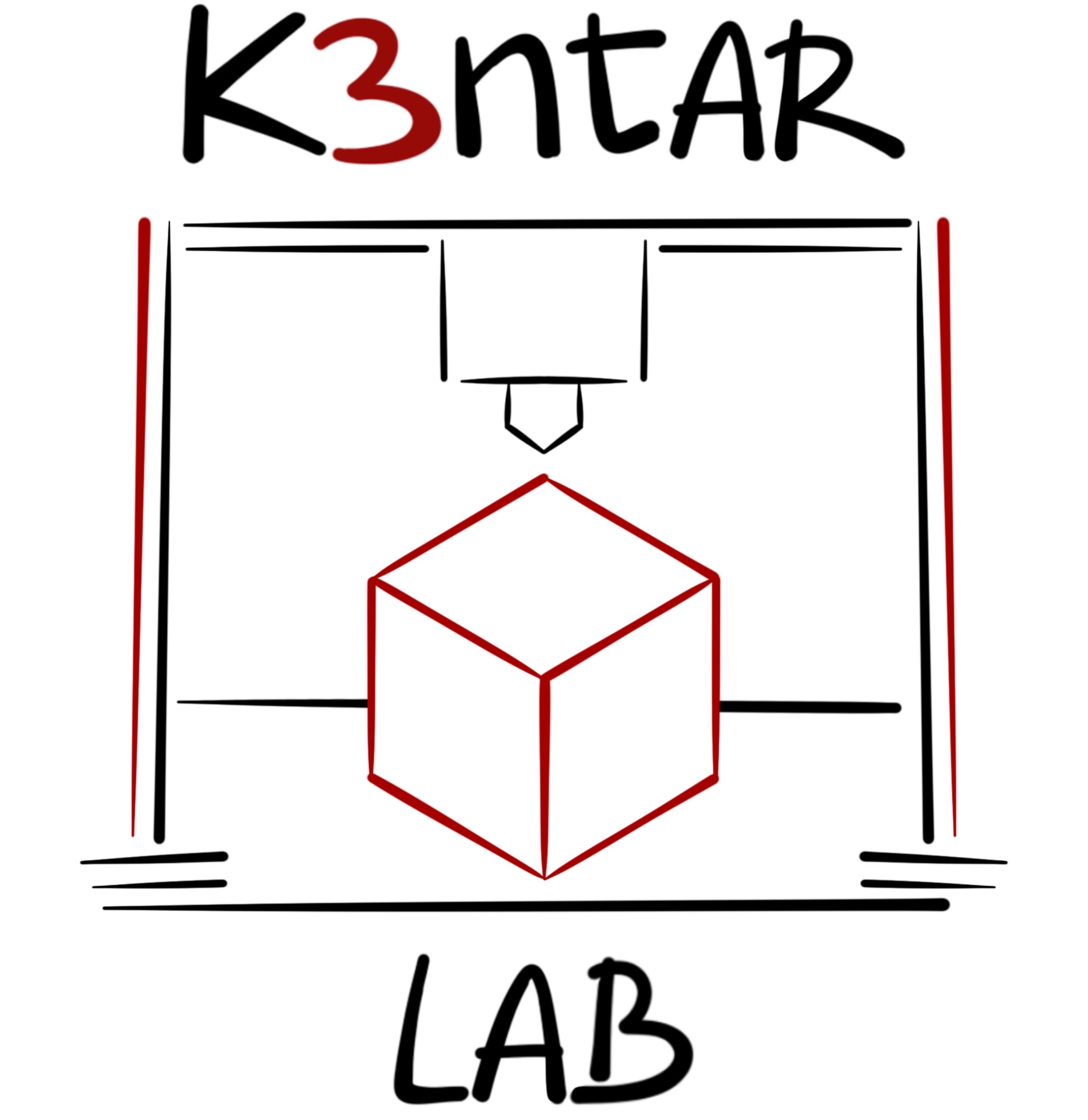 Logo originale k3ntarlab, con un cubo rosso al centro del laboratorio